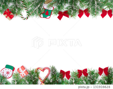 Christmas Frame of Fir tree branch with snow isolated on white background with copy space for your text. Top view 131916628
