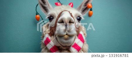 Festive llama wearing striped scarf and orange Christmas lights on its head, set against teal background, brings holiday cheer 131916781
