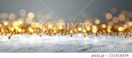 Golden bokeh lights and small golden spheres on marble surface create festive Christmas and New Year atmosphere 131916834