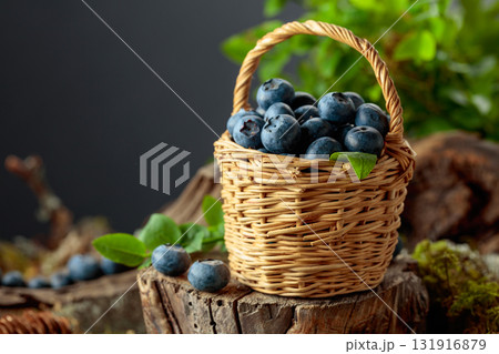 Small wicker basket filled with ripe blueberries. Small wicker basket filled with ripe blueberries. 131916879