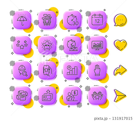 Shop app, Graph chart and Annual calendar line icons. App 3d buttons. Social media comment, share, like icons. Pack of Inspect, New star, Fast delivery icon. Vector 131917015