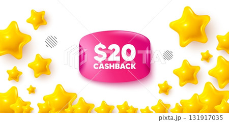 Cashback sticker stars banner. 3d stars background. 20 Usd cashback. Money back offer sign. Cash back promo symbol. Winner sparkle banner. Promo background. Vector 131917035