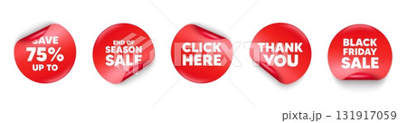 Discount sticker tag. Season sale, Black friday paper price banners. Save up to 75 percent. Discount Sale offer price sign. Special offer symbol. Thank you sticker. Vector 131917059