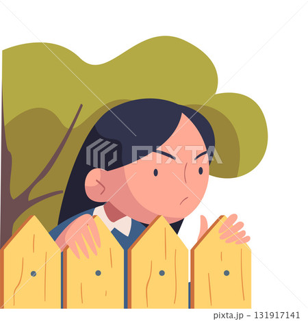 Woman Character Spying, Observing and Sneaking Looking and Peeping Out Fence Vector Illustration Woman Character Spying, Observing and Sneaking Looking and Peeping Out Fence Vector Illustration 131917141