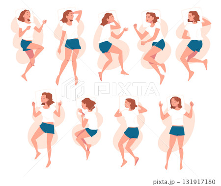 Sleeping Woman Character Lying in Different Pose with Pillow Vector Set Sleeping Woman Character Lying in Different Pose with Pillow Vector Set 131917180