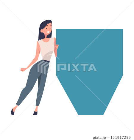 Woman Character Pushing Figure and Big Shape Vector Illustration Woman Character Pushing Figure and Big Shape Vector Illustration 131917259