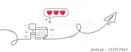 Accounting calendar line icon. Continuous line with share plane. Calculate annual report sign. Speech bubble symbol. Hearts rate review in speech bubble. Account single line ribbon. Vector Accounting calendar line icon. Continuous line with share plane. Calculate annual report sign. Speech bubble symbol. Hearts rate review in speech bubble. Account single line ribbon. Vector 131917424