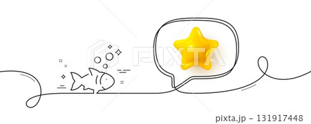 Fish line icon. Continuous line with 3d star. Fishing catch sign. Fresh seafood symbol. 3d star in speech bubble. Fish single line ribbon. Loop curve pattern. Vector 131917448