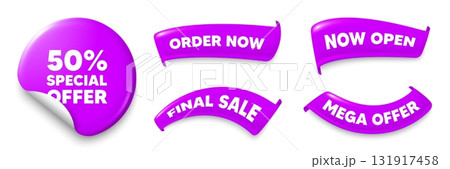 Discount purple sticker, Sale offer ribbons. Final sale, Order now. 50 percent discount offer tag. Sale price promo sign. Special offer symbol. Sticker badge. Flag ribbon banners. Vector 131917458