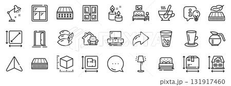 Table lamp, Furniture moving and Bed line icons pack. Share, Message, Paper plane icons. Pillow, Square area, Mattress web icon. Lightweight mattress, Tea cup, Door pictogram. Vector 131917460