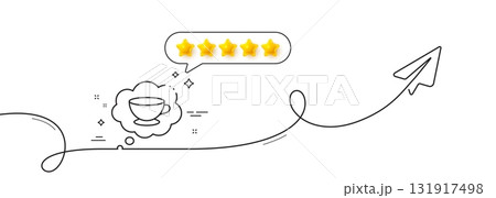 Coffee cup line icon. Continuous line with share plane. Hot cappuccino sign. Speech bubble symbol. Five star rate review in speech bubble. Coffee cup single line ribbon. Loop curve pattern. Vector Coffee cup line icon. Continuous line with share plane. Hot cappuccino sign. Speech bubble symbol. Five star rate review in speech bubble. Coffee cup single line ribbon. Loop curve pattern. Vector 131917498
