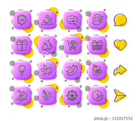 Gift, Pillow and Coupons line icons. App 3d buttons. Social media comment, share, like icons. Pack of Ferris wheel, Yummy smile, Love music icon. Vector Gift, Pillow and Coupons line icons. App 3d buttons. Social media comment, share, like icons. Pack of Ferris wheel, Yummy smile, Love music icon. Vector 131917552