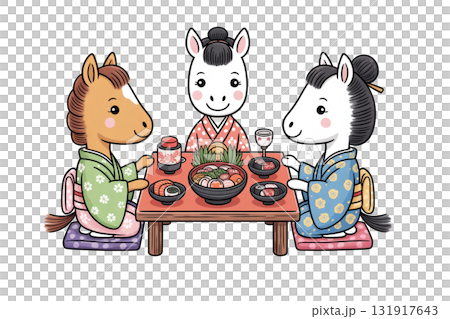 描繪馬一家圍著年夜飯的插圖。新年慶祝場景。可愛的十二生肖新年卡片素材。 131917643