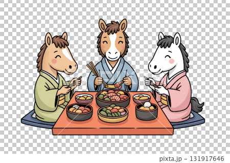 描繪馬一家圍著年夜飯的插圖。新年慶祝場景。可愛的十二生肖新年卡片素材。 131917646