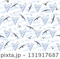 Seamless pattern with birds flying in the sky with clouds over sea waves. Nature sea view ornamental line drawn background 131917687
