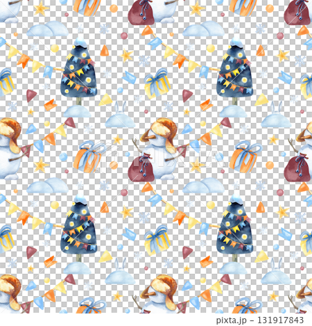 Christmas seamless pattern children illustration. Snowman, gift box, decorated tree, garland, star, snow and snowdrift. Watercolor art isolated from background. New Year packaging, wrapping paper Christmas seamless pattern children illustration. Snowman, gift box, decorated tree, garland, star, snow and snowdrift. Watercolor art isolated from background. New Year packaging, wrapping paper 131917843