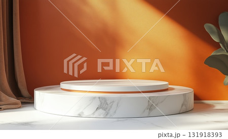Soft Orange Coloured White Podium With Geometric Shapes And Marble Pedestal Circle For Product 131918393