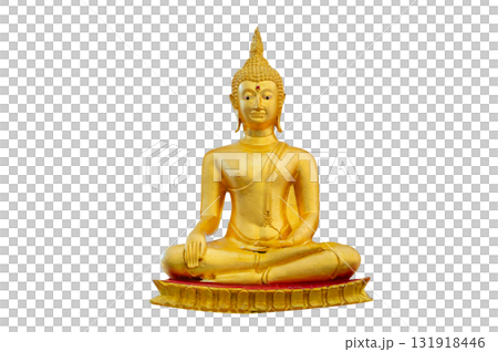 Golden Buddha statue meditating isolated on transparent background PNG file 131918446