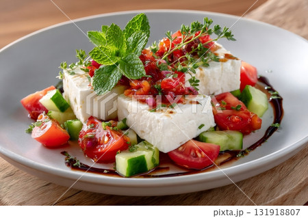 Feta cheese starter with tomatoes and cucumber salad 131918807