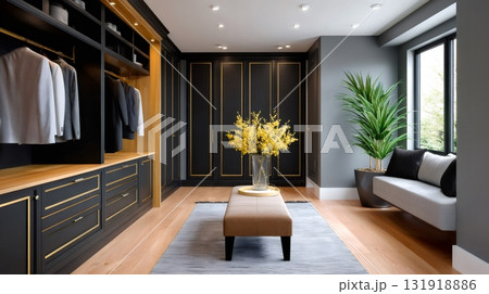 Luxury walk-in closet interior design with modern storage 131918886