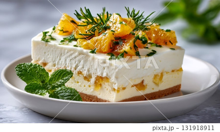Orange rosemary cheesecake slice with mint garnish 131918911