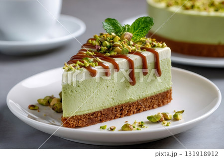 Pistachio cheesecake slice with caramel and mint 131918912