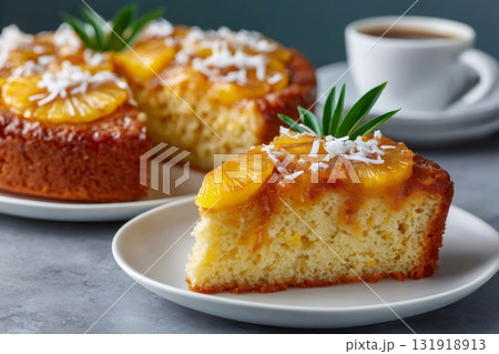 Slice of pineapple upside-down cake with coconut and coffee Slice of pineapple upside-down cake with coconut and coffee 131918913
