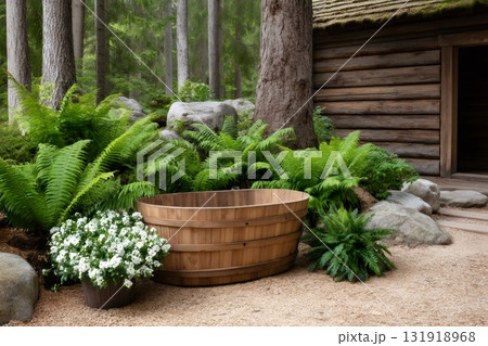 Wooden hot tub in rustic forest spa setting Wooden hot tub in rustic forest spa setting 131918968