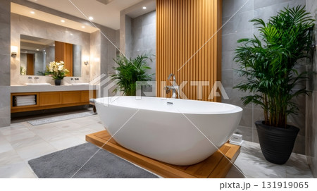 Modern luxury bathroom featuring freestanding bathtub and natural decor 131919065
