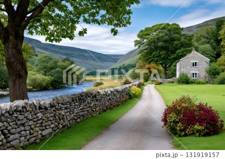 Yorkshire Dales landscape featuring stone cottage and river Yorkshire Dales landscape featuring stone cottage and river 131919157