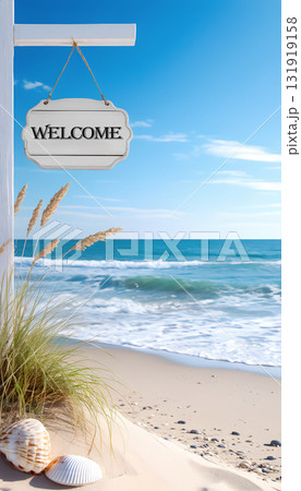 Beautiful sea, sky and sandy beach with Welcome sign, vertical image. 131919158