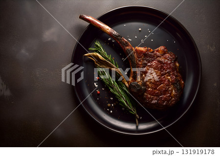 Grilled Tomahawk Steak with Rosemary and Peppercorns on Dark Plate in Rustic Lighting 131919178