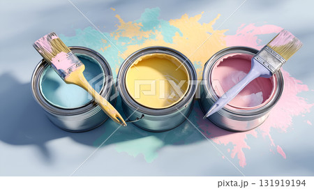 Open Paint Cans with Pastel Colors and Brushes on Light Blue Surface 131919194