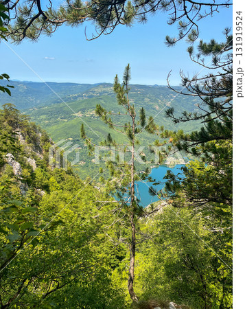 Canyon river meandering among green forested mountains; nature landscape photography under blue sky 131919524