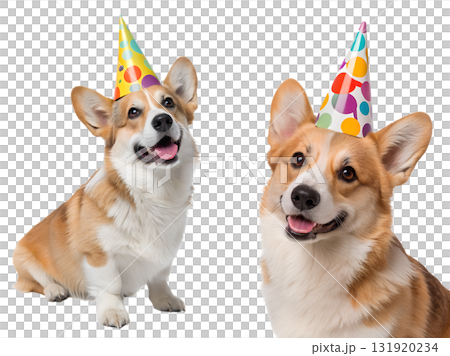 Corgi wearing colorful pointed birthday cap, looking happy and festive for celebration, isolated on transparent background 131920234