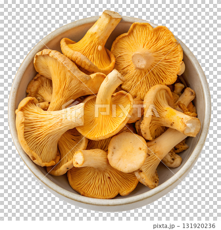 Top-down view of white bowl filled with fresh yellow chanterelle mushrooms, foraged food isolated on transparent background Top-down view of white bowl filled with fresh yellow chanterelle mushrooms, foraged food isolated on transparent background 131920236