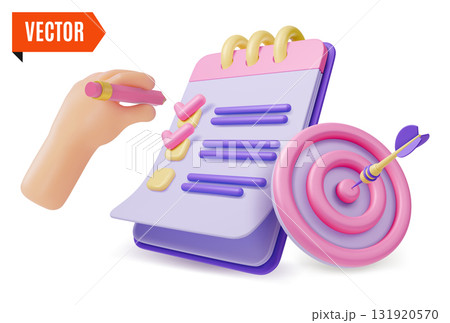 3d Target Goal, Checklist and Human Hand Holding Pen Concept Cartoon Design Style. Vector illustration 131920570