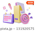 3d File Holder Binder Folder, Calendar and Target Goal Office Concept Cartoon Design Style. Vector illustration 131920575