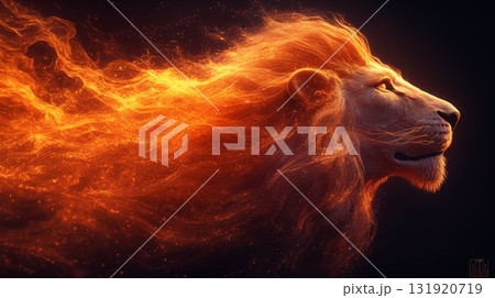 Lion profile with fiery mane against dark background, power and strength concept Lion profile with fiery mane against dark background, power and strength concept 131920719
