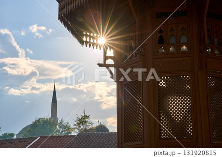 Sebilj in Sarajevo in sunlight. The Sebilj is an Ottoman-style wooden fountain sebil in the centre of Bascarsija Square in Sarajevo Sebilj in Sarajevo in sunlight. The Sebilj is an Ottoman-style wooden fountain sebil in the centre of Bascarsija Square in Sarajevo 131920815