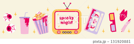 Cute horizontal illustration of a horror movie TV, popcorn, drink, vhs. Halloween 131920881