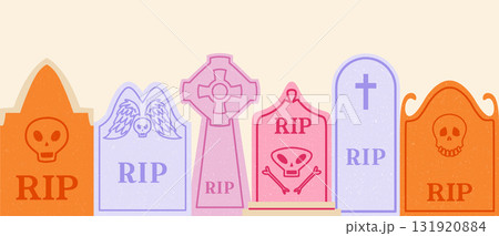 Bright pink of Headstone, Tombstone, RIP Gravestones for Halloween, cemetery or tomb, funeral elements concept. Seamless border. 131920884