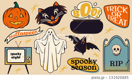 Retro halloween set. A cat, a television viewer, a ghost, a bat. A Halftone. Retro halloween set. A cat, a television viewer, a ghost, a bat. A Halftone. 131920885