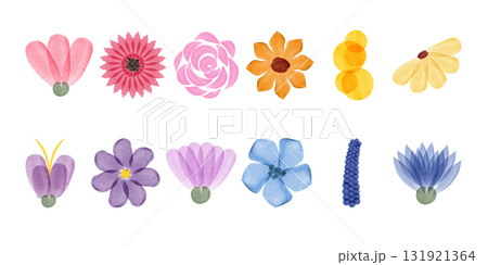 A collection of twelve colorful floral illustrations are rendered in watercolor style. Flowers have shades of pink, yellow, orange, blue and purple. 131921364