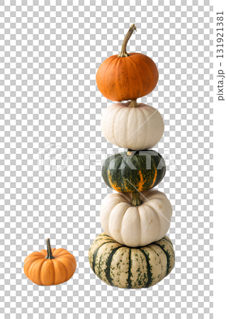 Stack of colorful pumpkins in orange, white and green, autumn harvest arrangement isolated on transparent background 131921381
