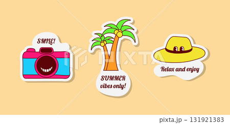 Cartoon style vector art shows three travel stickers. One has a camera, another shows two palm trees, and the third one is a sunhat. The stickers are colorful and fun. 131921383