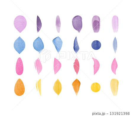 A collection of painted petal shapes and round dots are displayed. Varied pastel colors are shown, including purple, blue, pink, and yellow, against a bright white background. A collection of painted petal shapes and round dots are displayed. Varied pastel colors are shown, including purple, blue, pink, and yellow, against a bright white background. 131921398