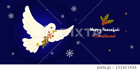 Peaceful Christmas Dove with Holly. New Year Holiday Poster with flying White Bird and berries branch, mistletoe plant on dark blue snowy Background. Vector horizontal illustration Not AI Peaceful Christmas Dove with Holly. New Year Holiday Poster with flying White Bird and berries branch, mistletoe plant on dark blue snowy Background. Vector horizontal illustration Not AI 131921438