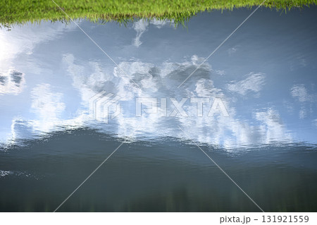 Abstract reflection of sky and clouds on water surface symbolizing change and reversed perspective. 131921559