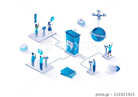 Journalist 3d isometric concept with isometry people design for web. Team creating news program in television studio, operator with camera recording tv reportage with reporter. Vector illustration. 131921925
